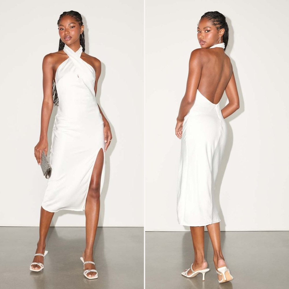NWOT | Lulus | Beyond Classy White Satin Halter Midi Dress | Sz XS
